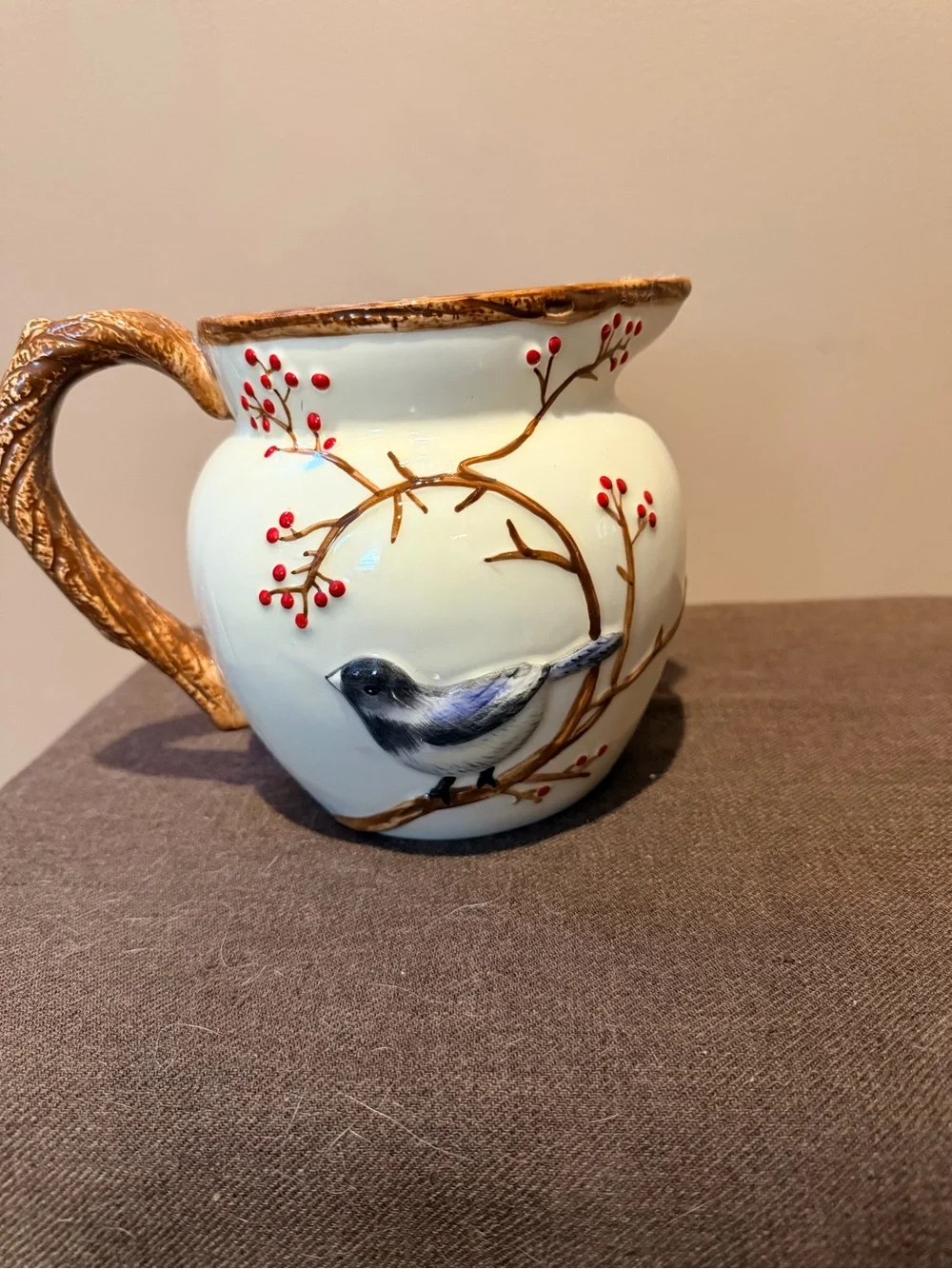 Hand-Painted Bird Ceramic Pitcher in Cream with Red Berry Accents